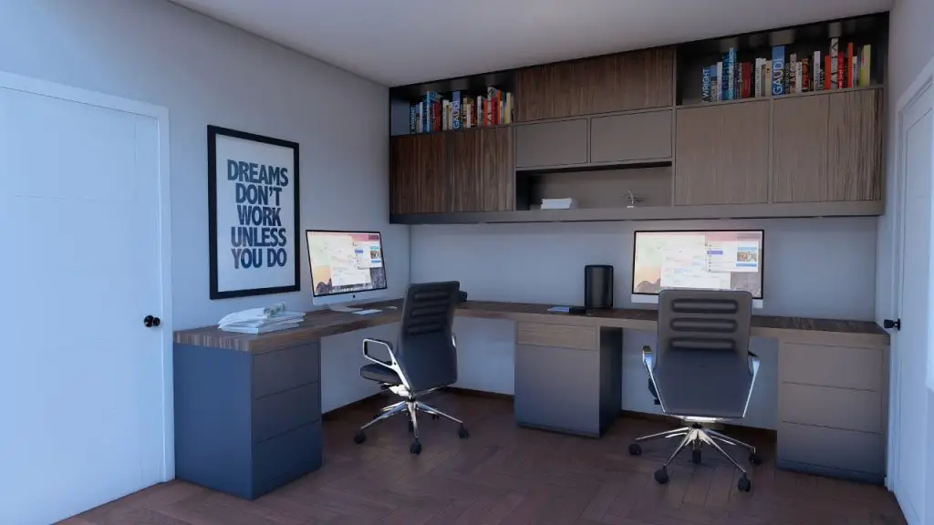 Estación de trabajo para dos personas con escritorio doble y almacenaje – diseño de home office a medida por Barniture