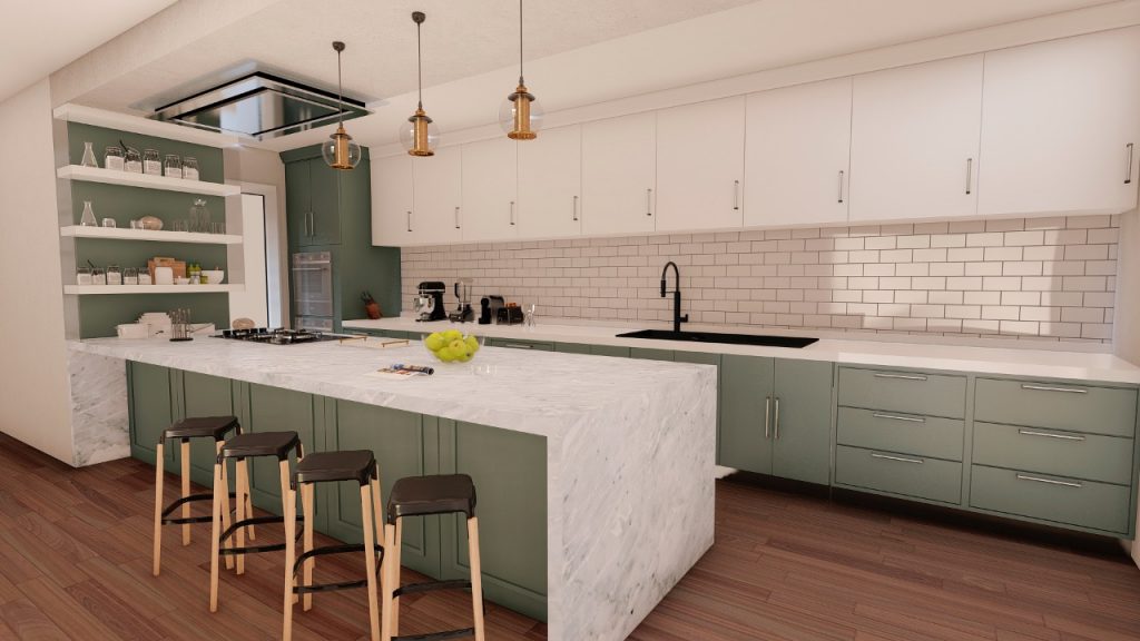  Cocina integral personalizada con gabinetes en verde salvia y barra de mármol, diseño funcional y estético para el hogar.