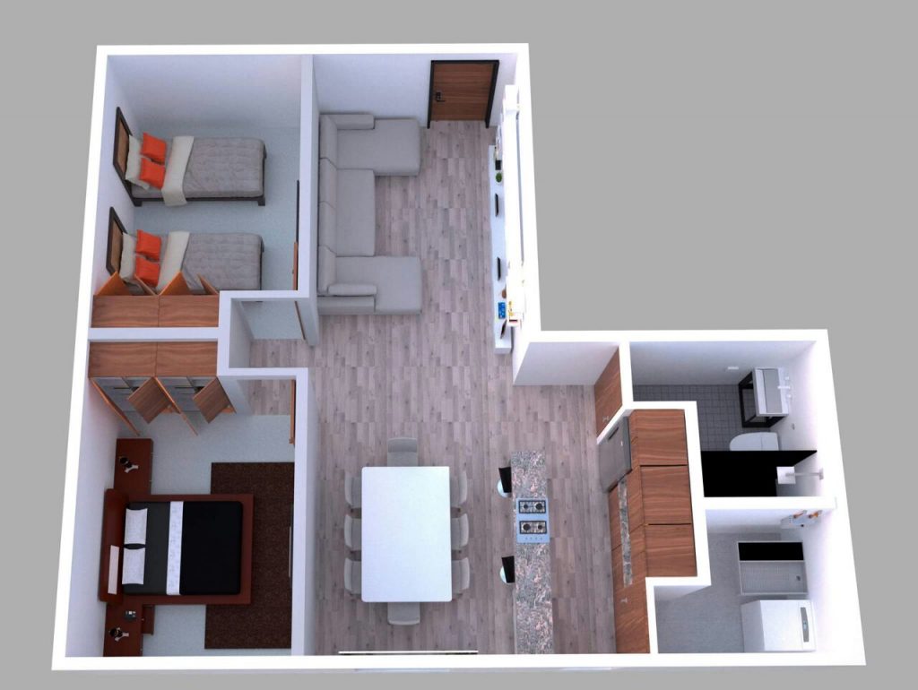 Plano 3D de un departamento con distribución de muebles a medida para cocina, comedor, sala y recámara, diseñado para optimizar espacios funcionales.