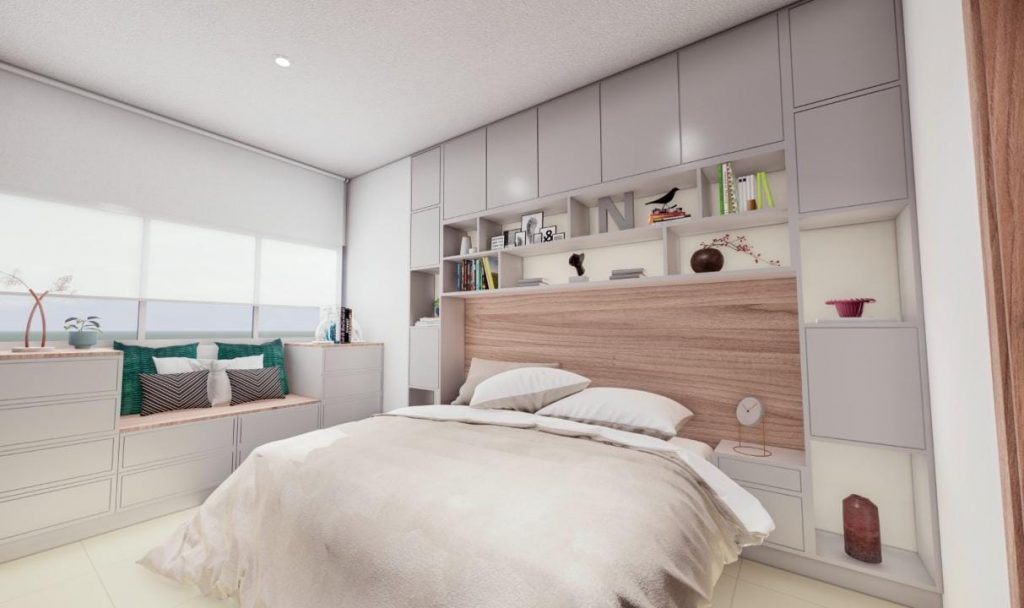 Recámara con clóset, librero y banca zapatera integrados en diseño a medida para aprovechar el espacio.