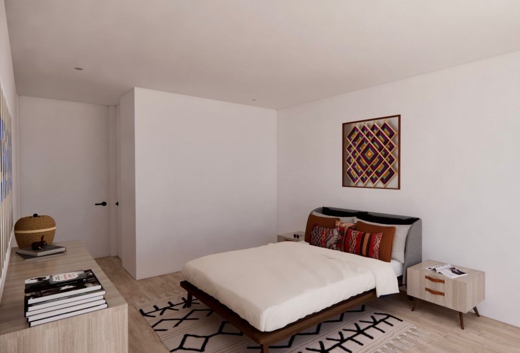 Diseño de recámara minimalista con cama queen, burós flotantes y detalles decorativos en tonos cálidos.