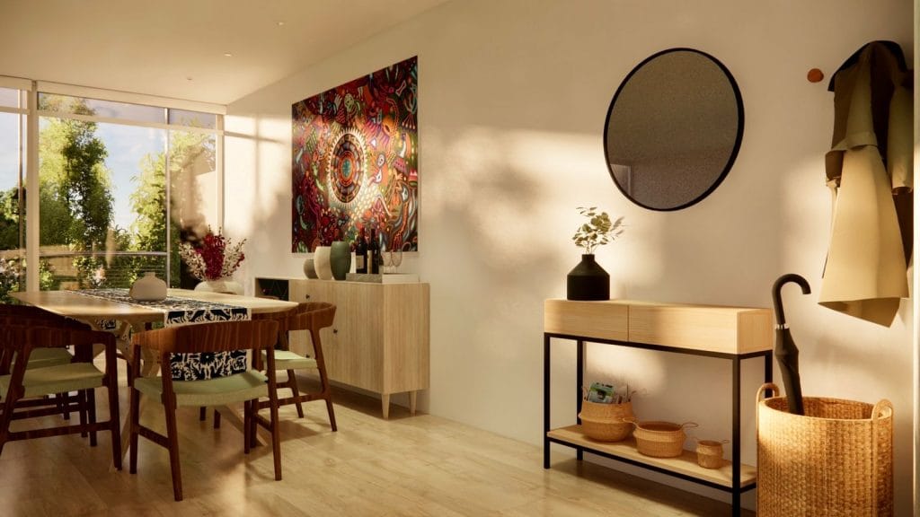 Comedor y recibidor con muebles a medida en CDMX, estilo moderno con madera clara y detalles en negro